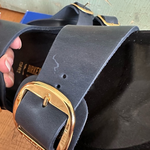 NIB Birkenstock Arizona Big Buckle Leather Navy Gold Womens 11 Narrow EU42 - Picture 10 of 13